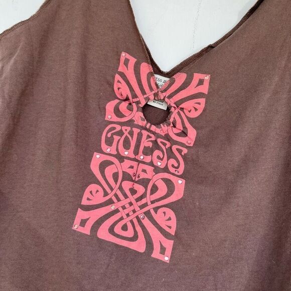 Guess Y2K Vintage Cotton Tee Tank Art Deco Graphic Rhinestone Embellished - LG - Picture 6 of 9